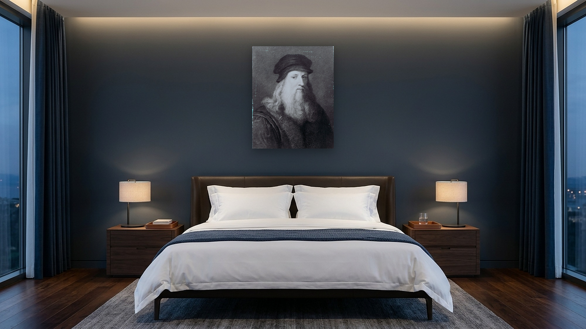 Leonardo da Vinci, engraved by Raphael Morghen by Leonardo da Vinci, shown at 32 × 40 in (81.3 × 101.6 cm) as gallery-wrapped canvas, hotel guest room
