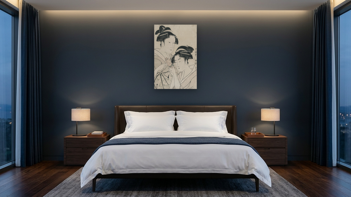 Osen of Kagiya and Ohisa of Takashima by Kitagawa Utamaro, shown at 28 × 42 in (71.1 × 106.7 cm) as gallery-wrapped canvas, hotel guest room