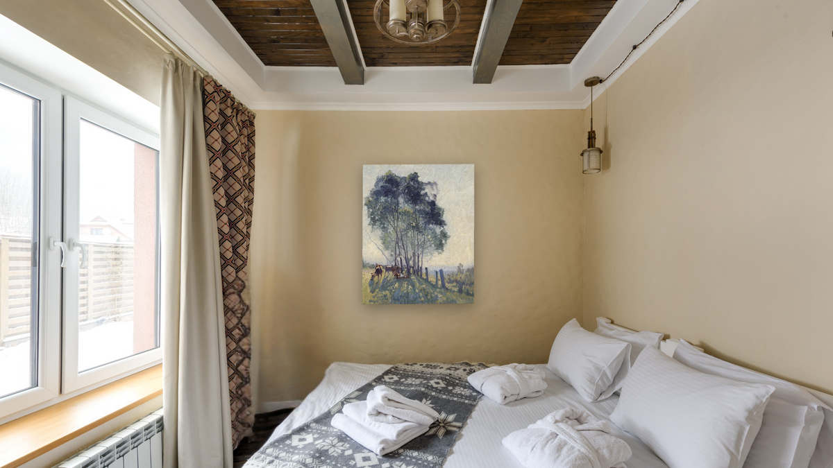 The wattles by Elioth Gruner, shown at 32 × 40 in (81.3 × 101.6 cm) as gallery-wrapped canvas, hotel guest room