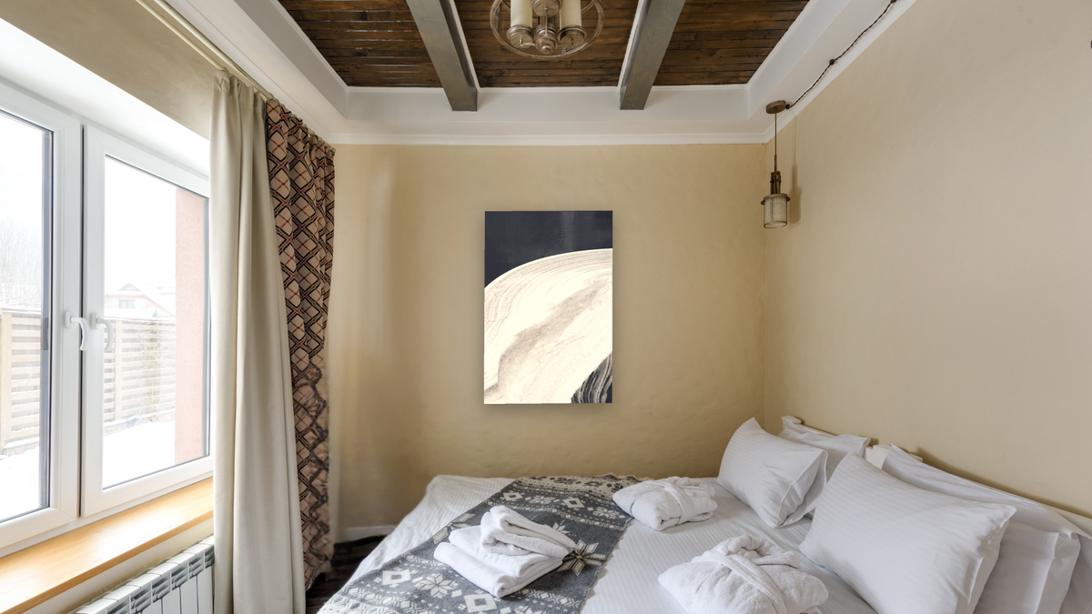 Lux 1 by Dan Hobday, shown at 28 × 42 in (71.1 × 106.7 cm) as gallery-wrapped canvas, hotel guest room