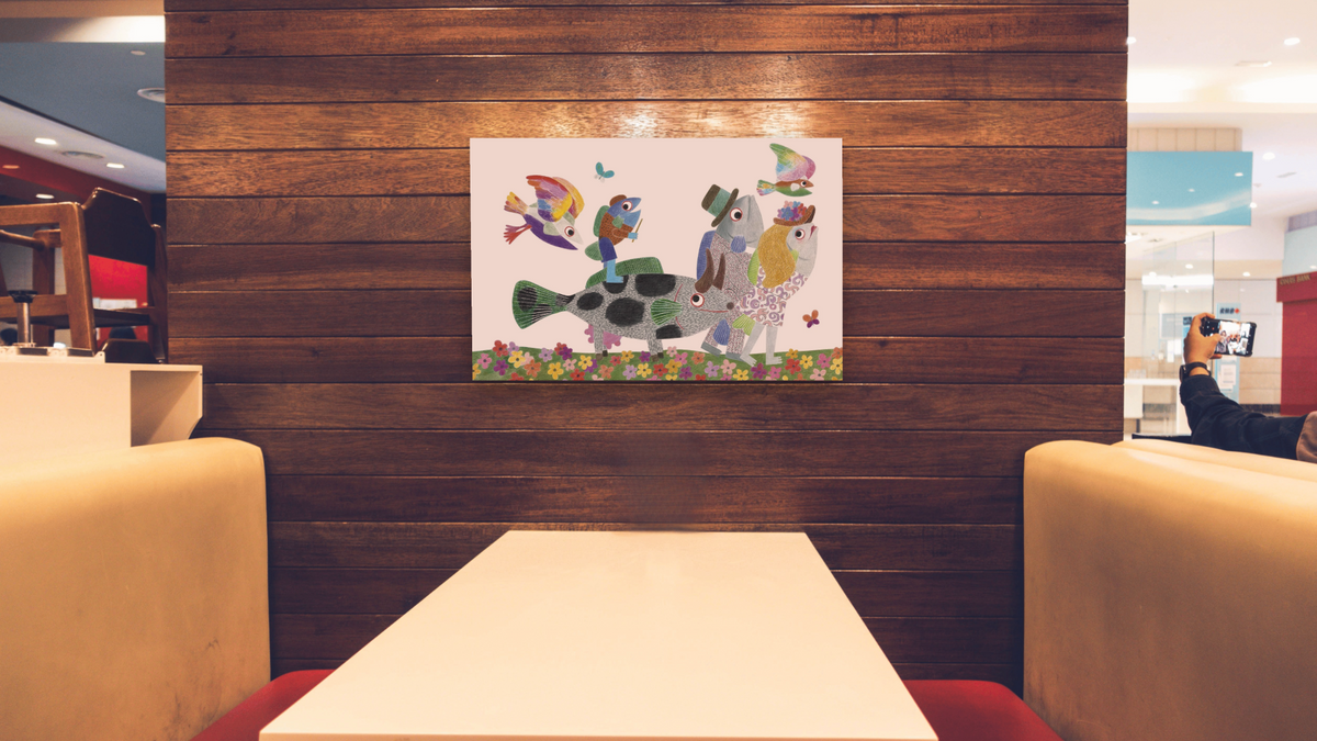Fish is Fish XI by Leo Lionni, shown at 28 × 42 in (71.1 × 106.7 cm) as gallery-wrapped canvas, restaurant