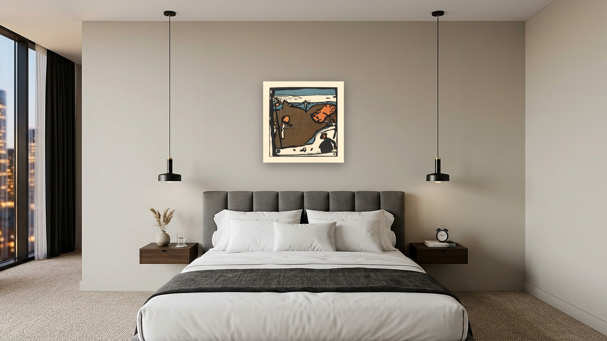 Landscape with Figures and a Crucifix, shown at 32 × 32 in (81.3 × 81.3 cm) as gallery-wrapped canvas, hotel guest room