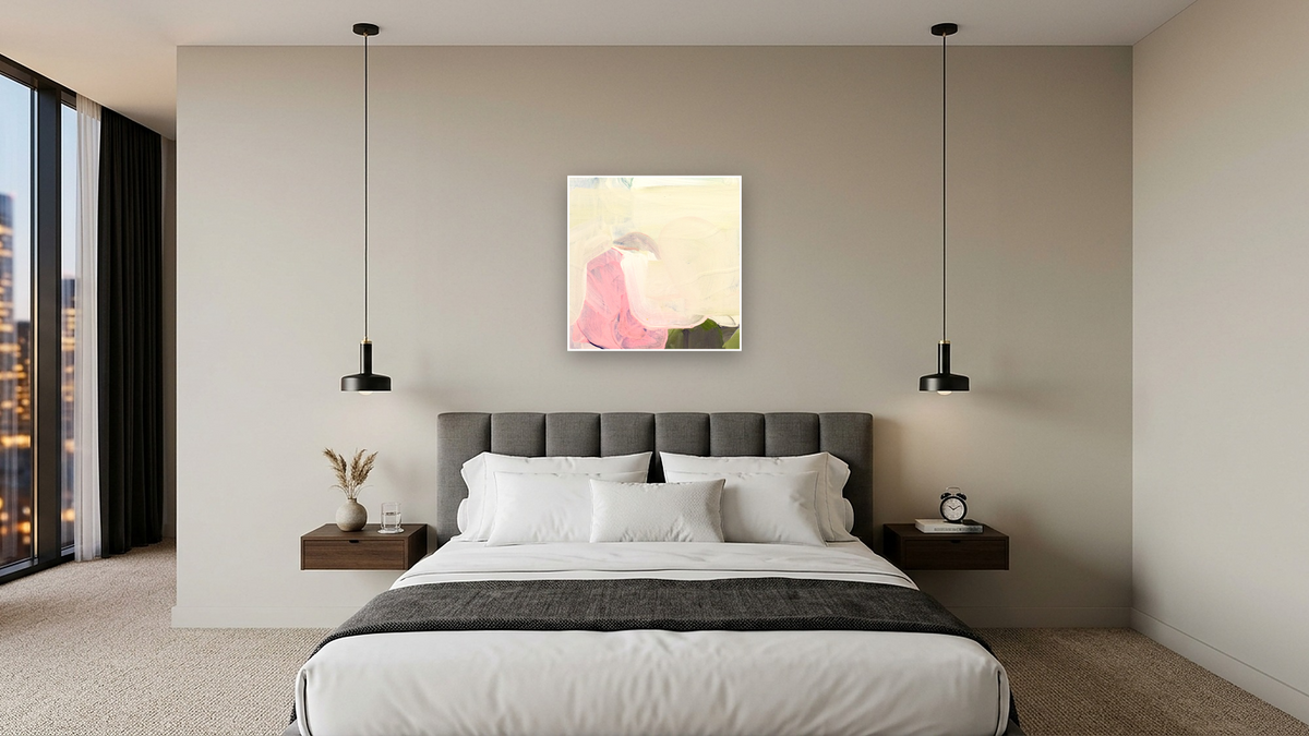 Snack 12 by Nino Yuniardi, shown at 32 × 32 in (81.3 × 81.3 cm) as gallery-wrapped canvas, hotel guest room