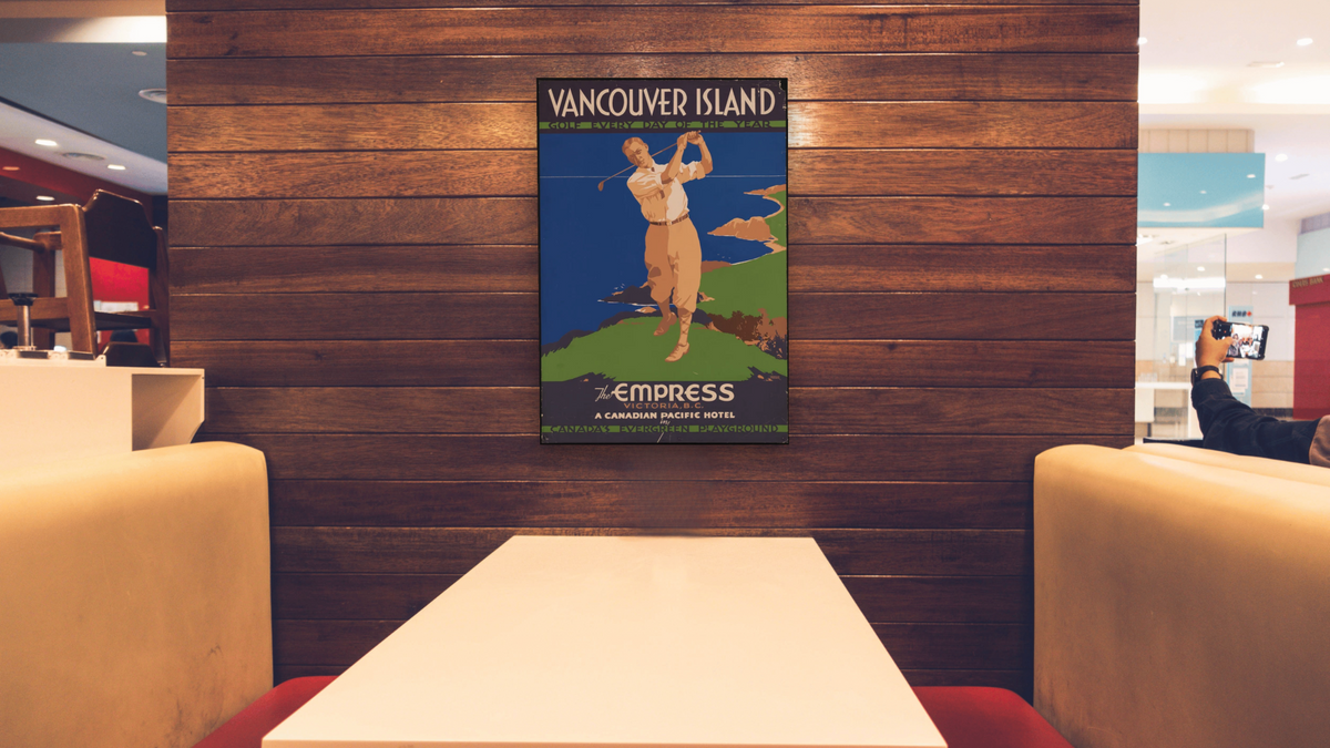 BPL Travel Posters, shown at 28 × 42 in (71.1 × 106.7 cm) as gallery-wrapped canvas, restaurant