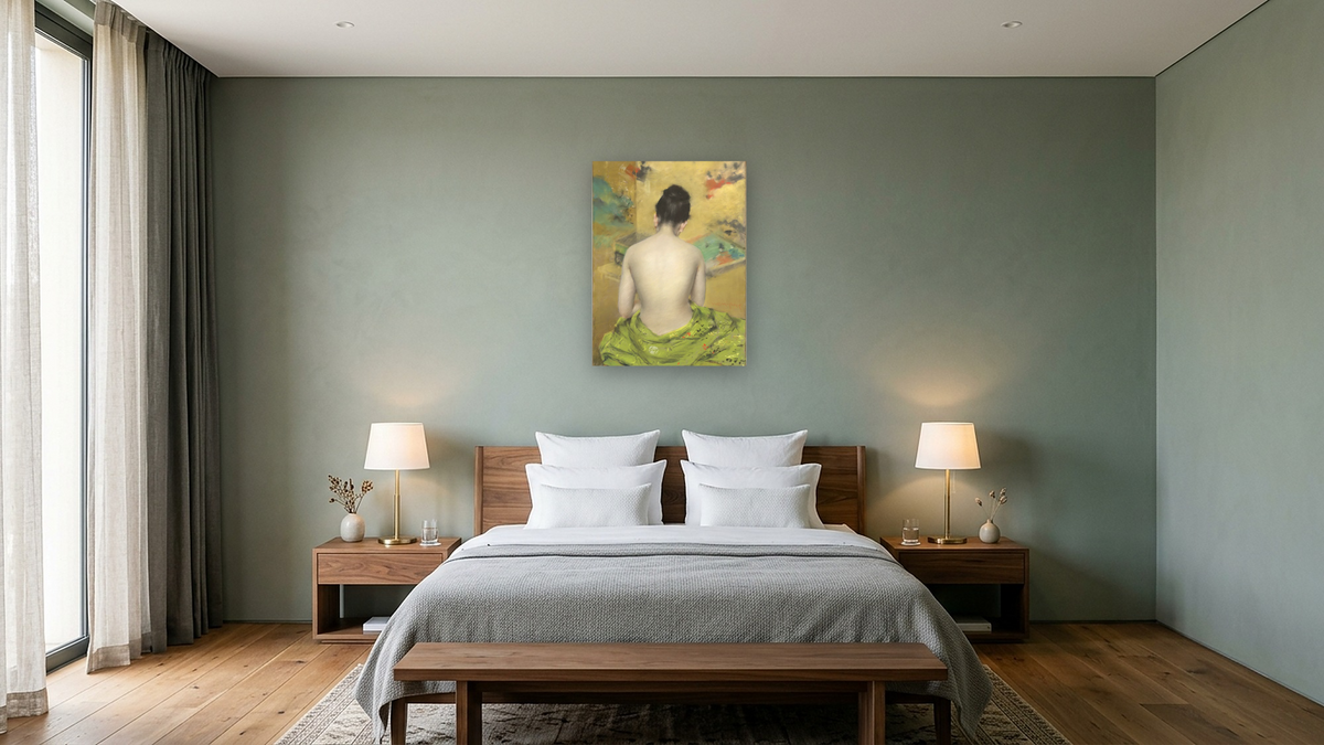 Study of Flesh Color and Gold by William Merritt Chase, shown at 30 × 40 in (76.2 × 101.6 cm) as gallery-wrapped canvas, hotel guest room