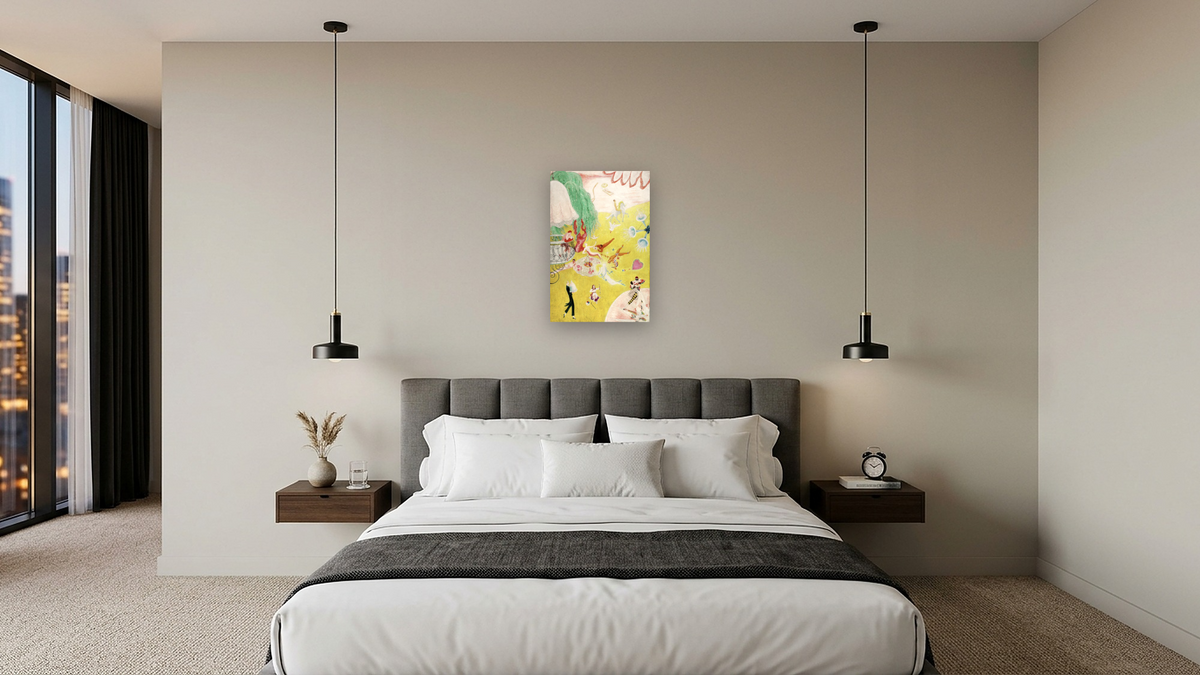 Love Flight of a Pink Candy Heart by Florine Stettheimer, shown at 20 × 30 in (50.8 × 76.2 cm) as gallery-wrapped canvas, hotel guest room
