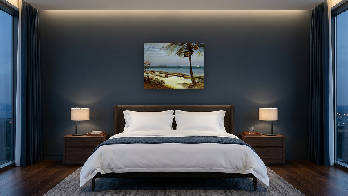 Tropical Coast by Albert Bierstadt, shown at 30 × 40 in (76.2 × 101.6 cm) as gallery-wrapped canvas, hotel guest room