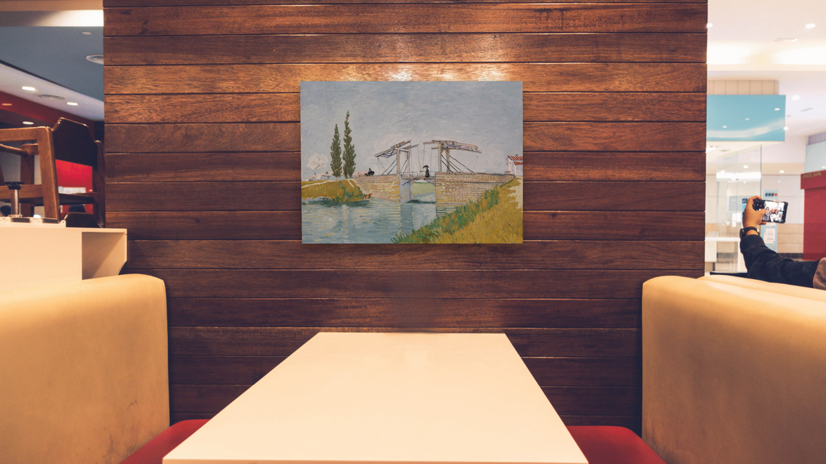The Drawbridge by Vincent van Gogh, shown at 30 × 40 in (76.2 × 101.6 cm) as gallery-wrapped canvas, restaurant