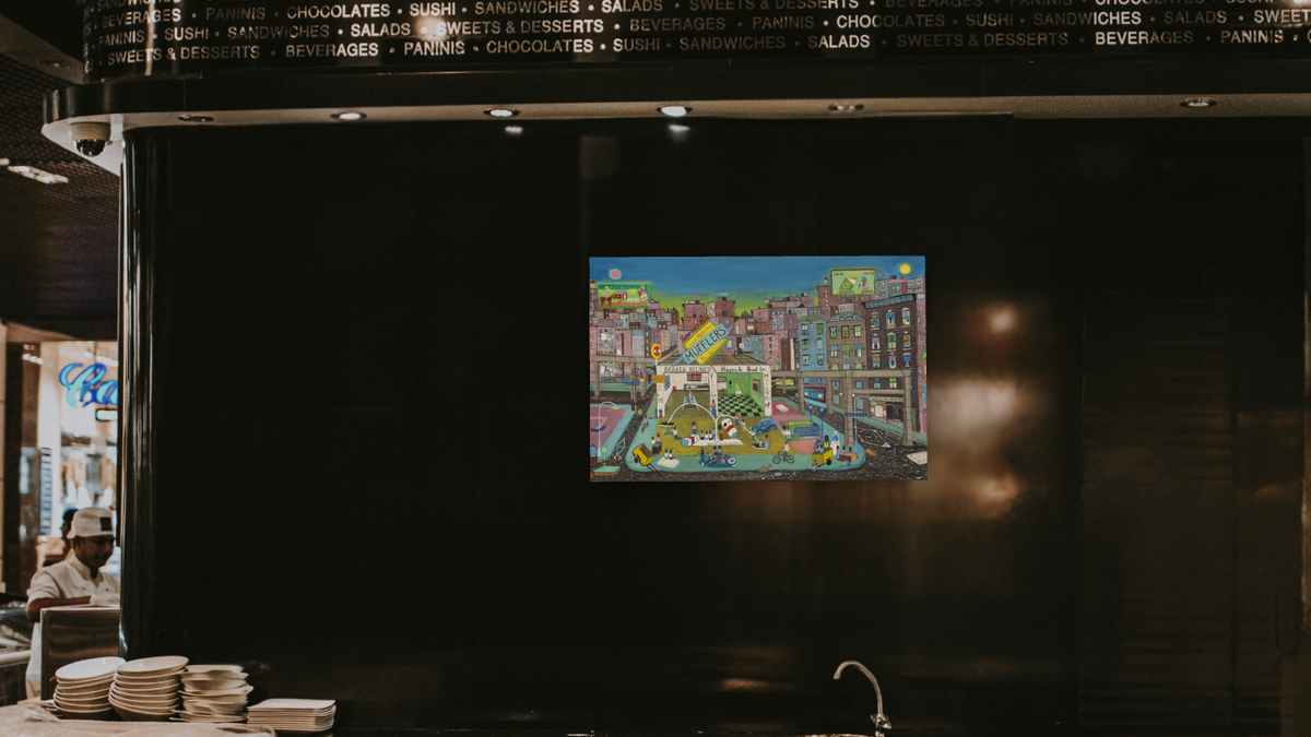 Gas Station Playground by Ralph Fasanella, shown at 28 × 42 in (71.1 × 106.7 cm) as gallery-wrapped canvas, restaurant
