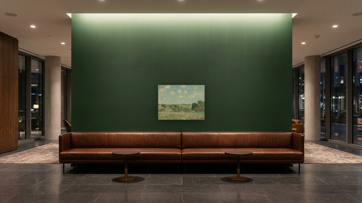 Meadow by Alfred Sisley, shown at 30 × 40 in (76.2 × 101.6 cm) as gallery-wrapped canvas, hotel lobby