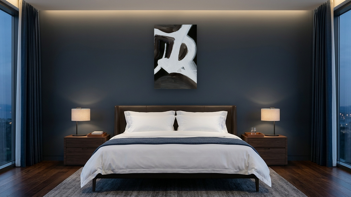 Bones 2 by Dan Hobday, shown at 28 × 42 in (71.1 × 106.7 cm) as gallery-wrapped canvas, hotel guest room