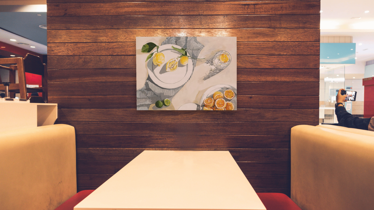 Lemon and Gin, shown at 30 × 40 in (76.2 × 101.6 cm) as gallery-wrapped canvas, restaurant