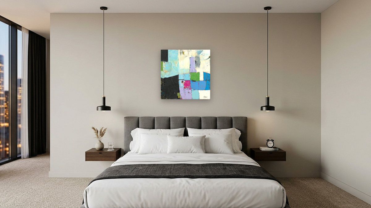 Waterfront by Louise Gaskill, shown at 32 × 32 in (81.3 × 81.3 cm) as gallery-wrapped canvas, hotel guest room