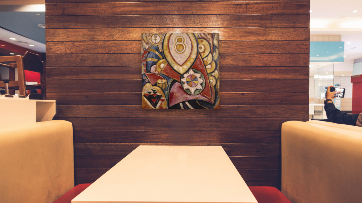 Painting No. 48 by Marsden Hartley, shown at 32 × 32 in (81.3 × 81.3 cm) as gallery-wrapped canvas, restaurant