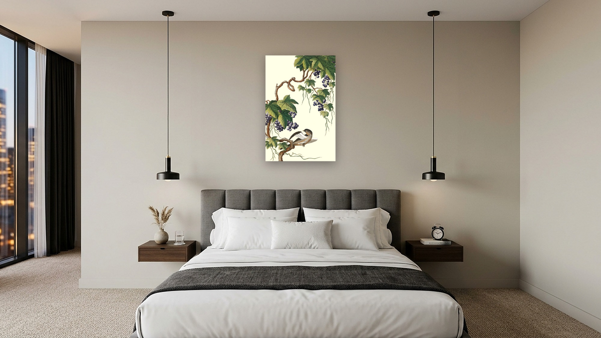 Grapes on vine with bird by Pierre Joseph Buchoz, shown at 28 × 42 in (71.1 × 106.7 cm) as gallery-wrapped canvas, hotel guest room