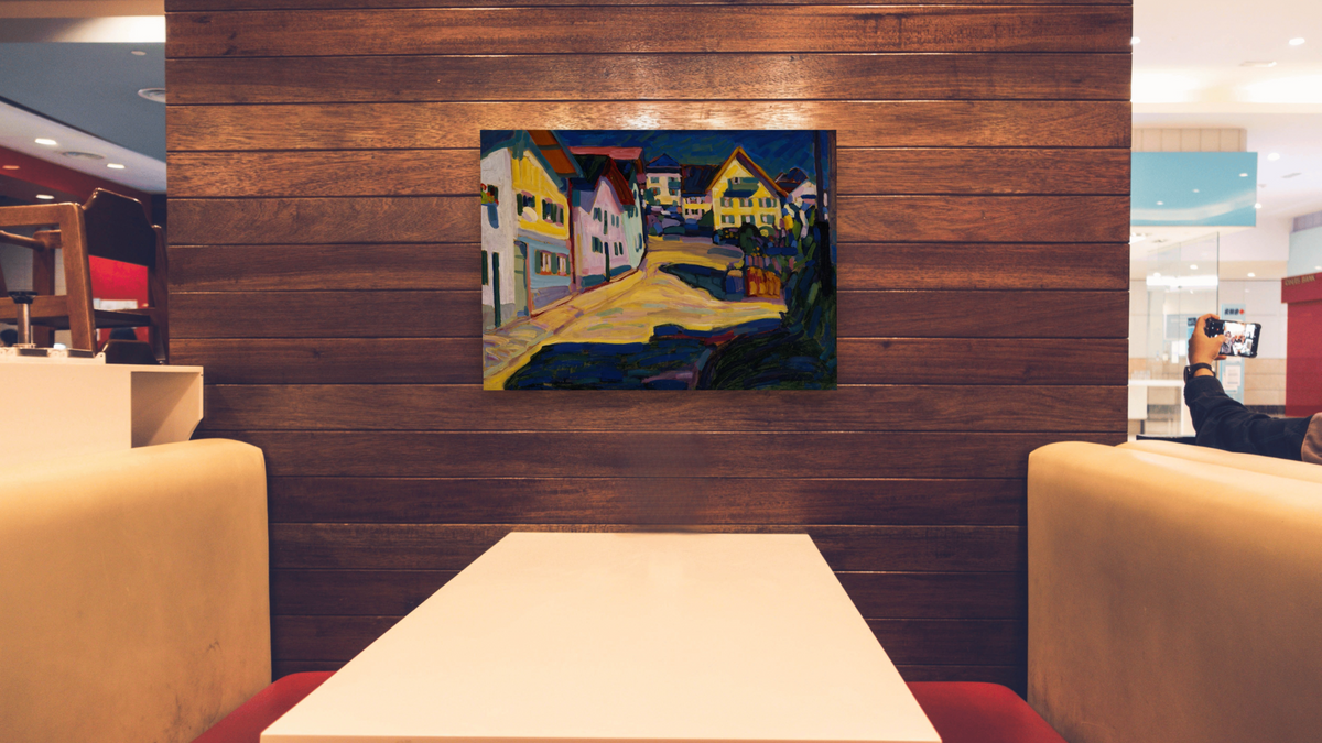 Murnau Burggrabenstrasse 1 by Wassily Kandinsky, shown at 30 × 40 in (76.2 × 101.6 cm) as gallery-wrapped canvas, restaurant