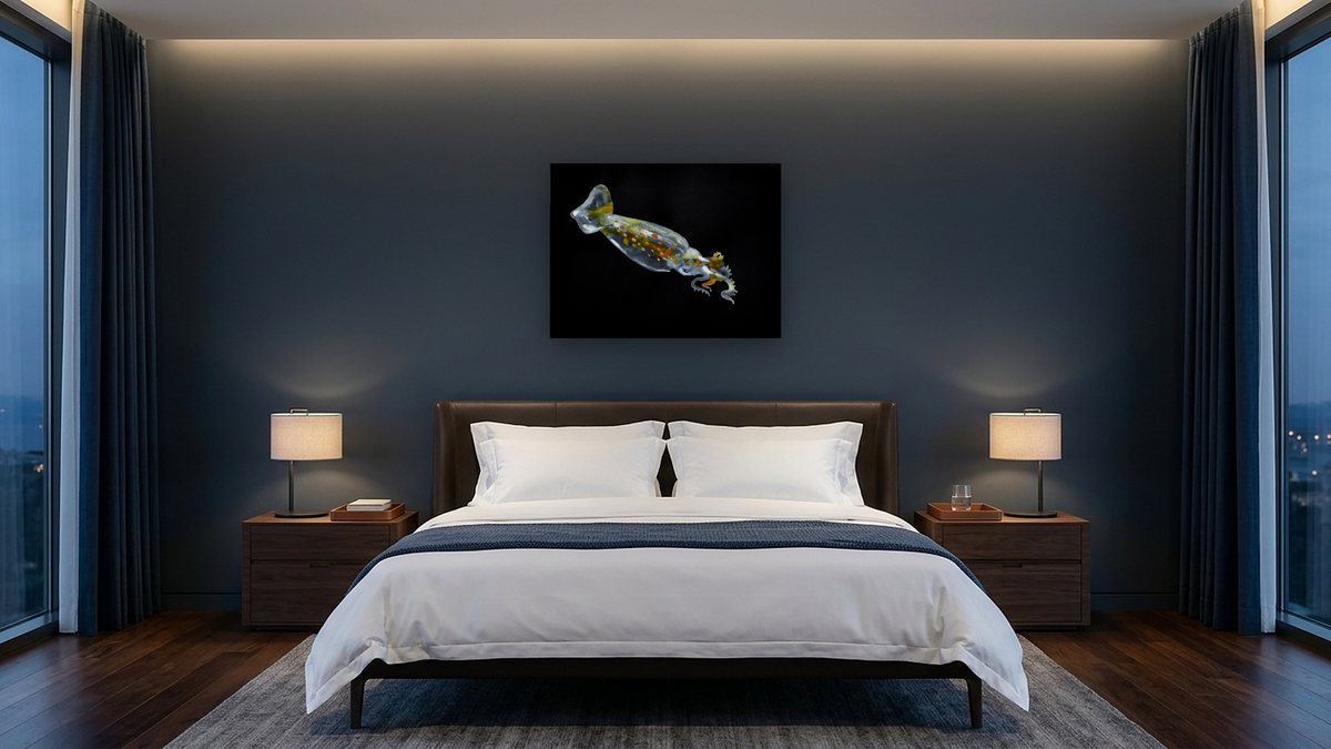 Squid by Alexis Rockman, shown at 30 × 40 in (76.2 × 101.6 cm) as gallery-wrapped canvas, hotel guest room