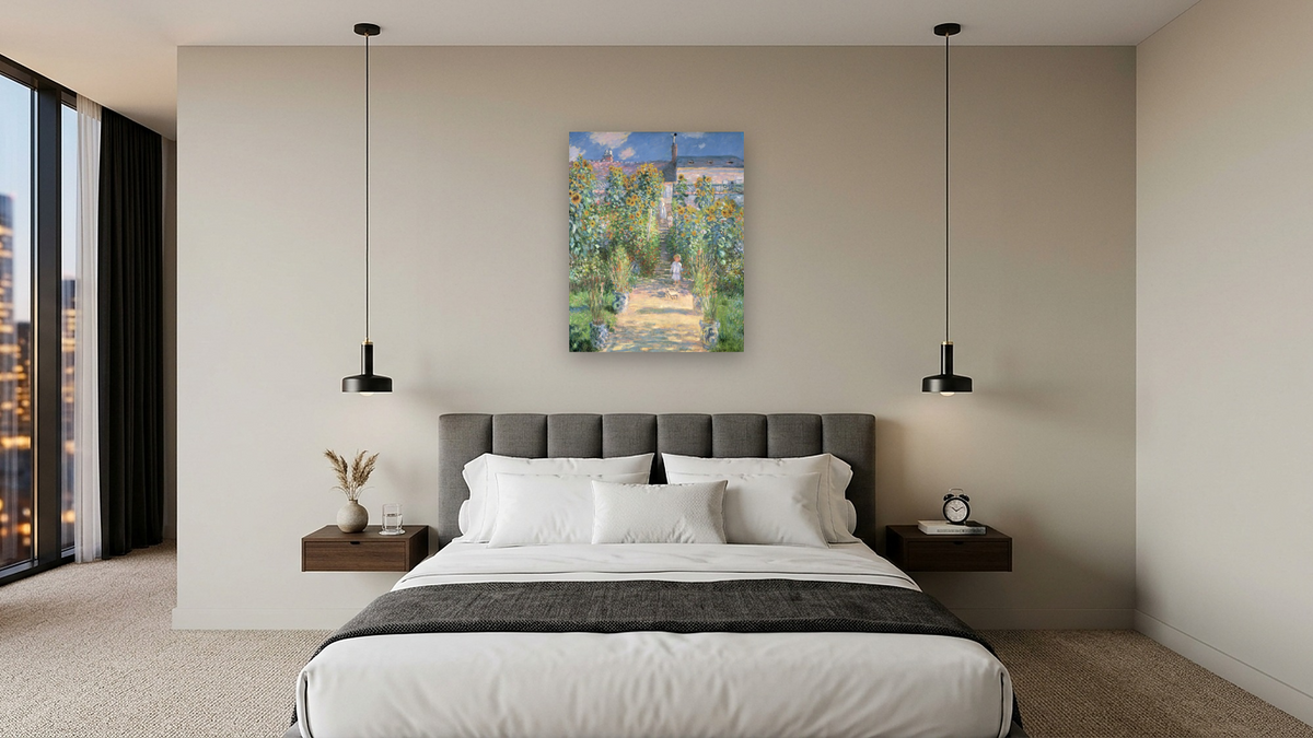 The Artist's Garden at Vetheuil by Claude Monet, shown at 32 × 40 in (81.3 × 101.6 cm) as gallery-wrapped canvas, hotel guest room