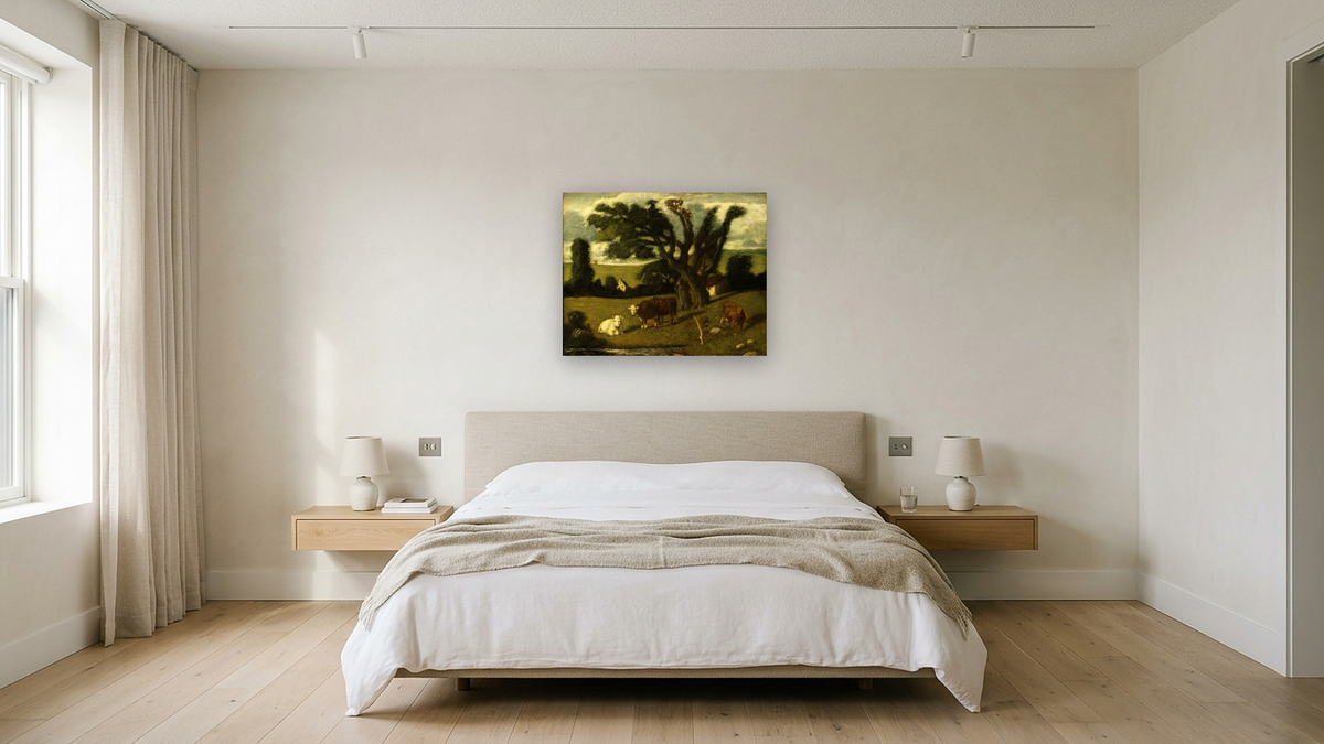 Pastoral Study by Albert Pinkham Ryder, shown at 32 × 40 in (81.3 × 101.6 cm) as gallery-wrapped canvas, hotel guest room