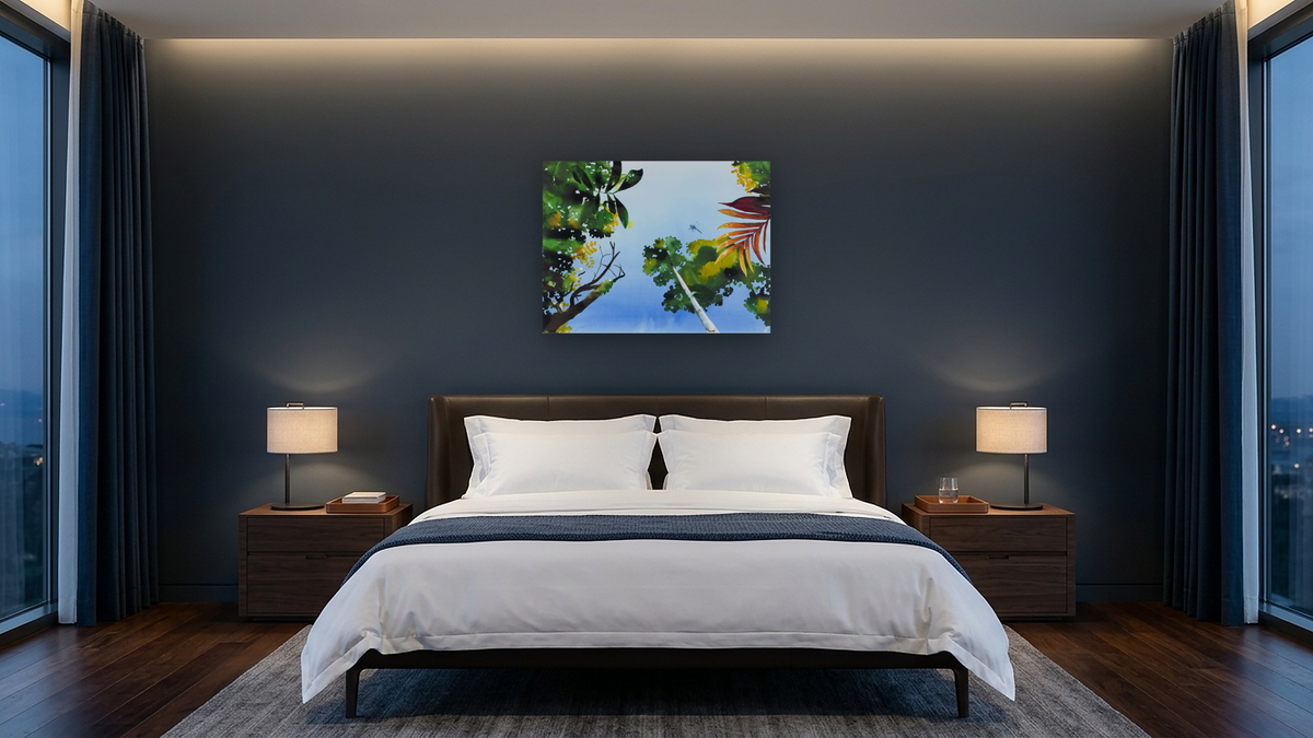 Clearing by Alexis Rockman, shown at 30 × 40 in (76.2 × 101.6 cm) as gallery-wrapped canvas, hotel guest room