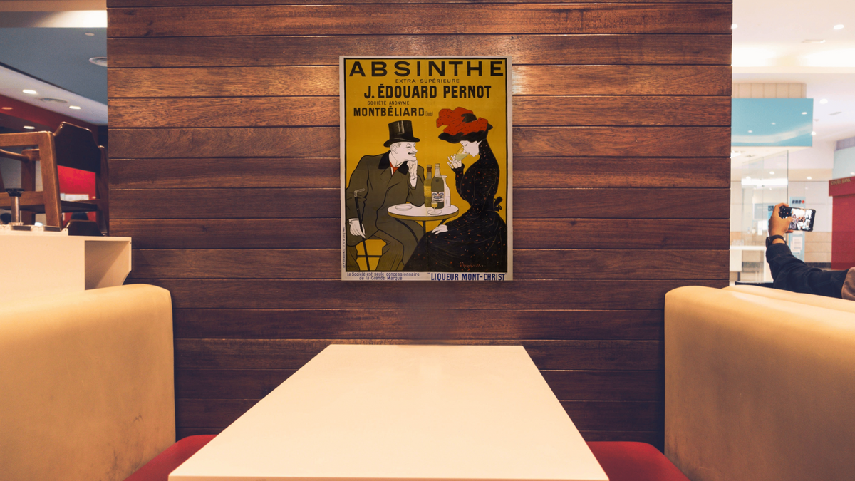 Absinthe poster by Leonetto Cappiello, shown at 30 × 40 in (76.2 × 101.6 cm) as gallery-wrapped canvas, restaurant