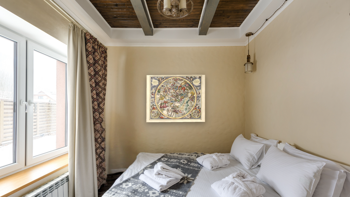 Plate 23 from Harmonia Macrocosmica by Andreas Cellarius, shown at 32 × 40 in (81.3 × 101.6 cm) as gallery-wrapped canvas, hotel guest room