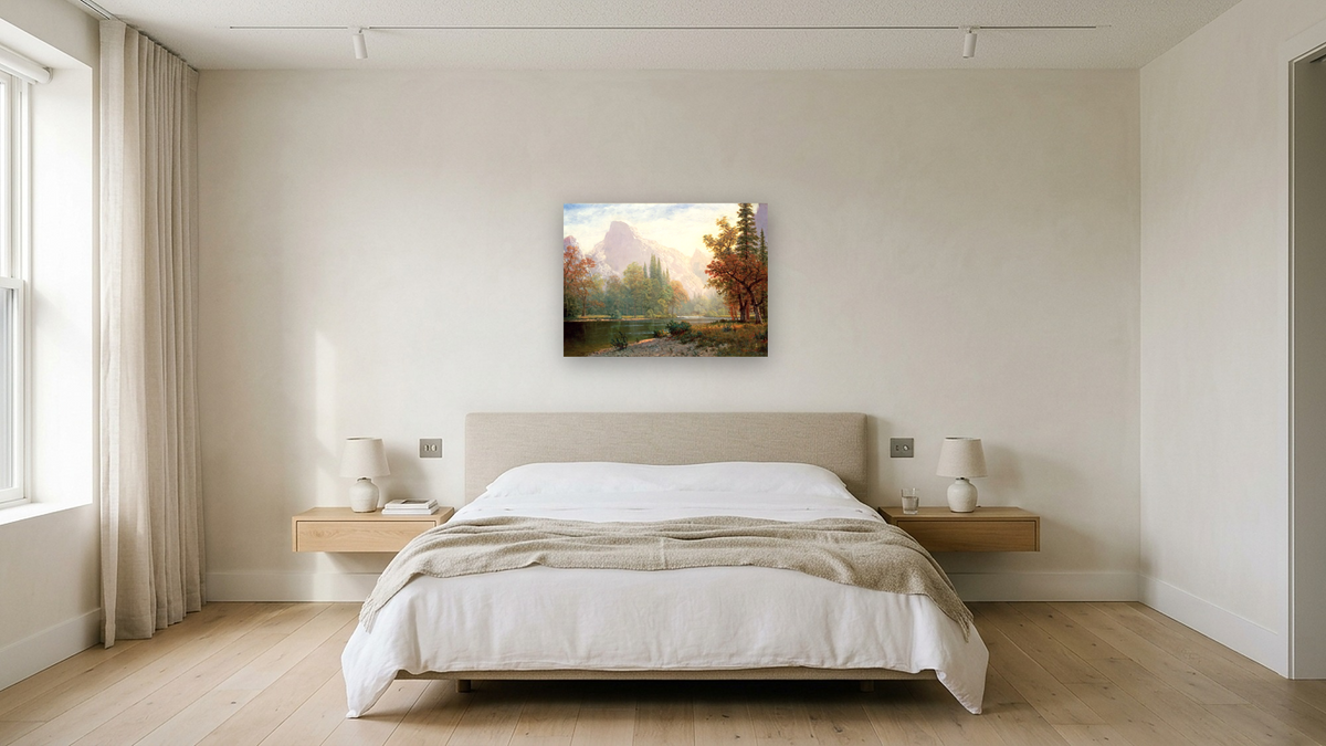 Half Dome: Yosemite by Albert Bierstadt, shown at 30 × 40 in (76.2 × 101.6 cm) as gallery-wrapped canvas, hotel guest room