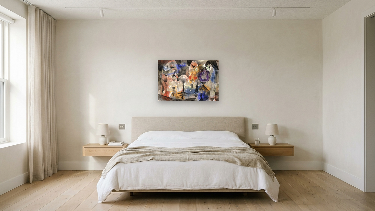 Concentrierter Roman by Paul Klee, shown at 28 × 42 in (71.1 × 106.7 cm) as gallery-wrapped canvas, hotel guest room