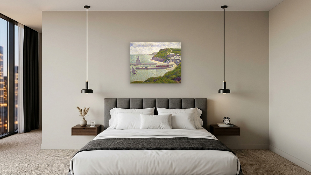 Harbour at Port-en-Bessin at High Tide by Georges Seurat, shown at 32 × 40 in (81.3 × 101.6 cm) as gallery-wrapped canvas, hotel guest room