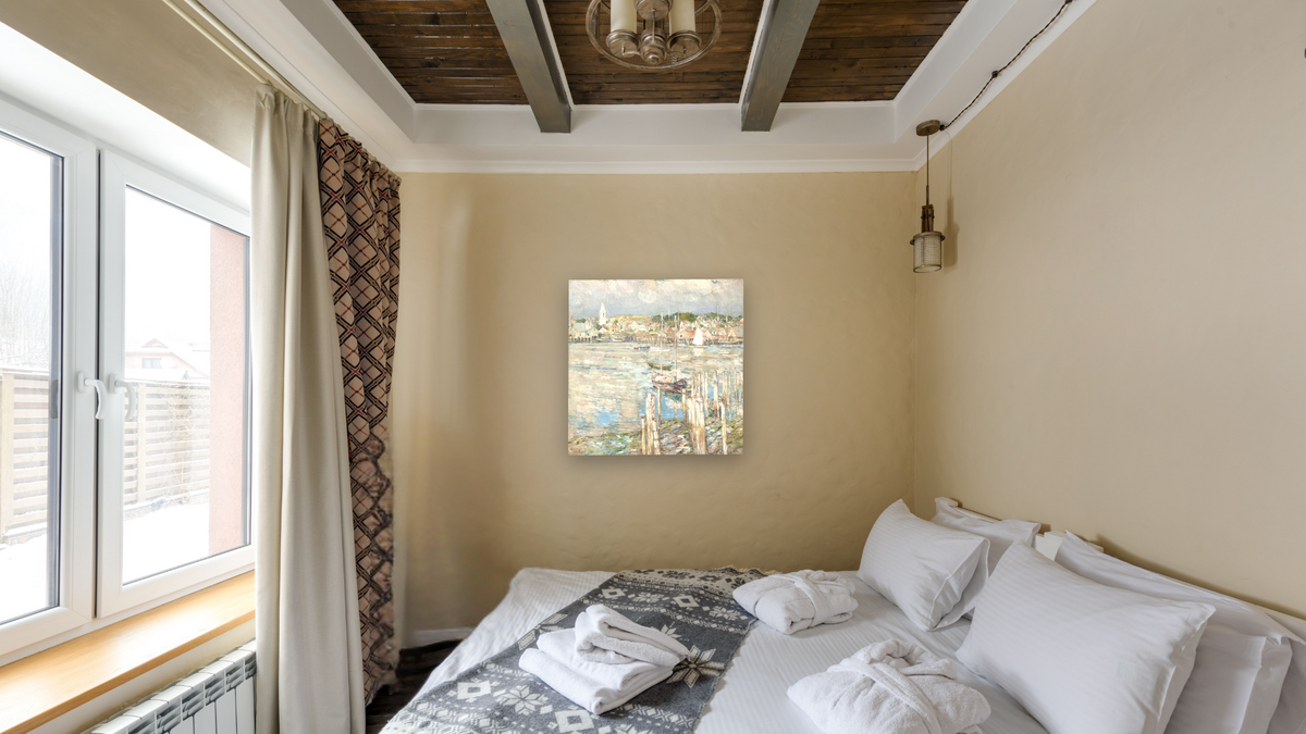 Gloucester by Childe Hassam, shown at 32 × 32 in (81.3 × 81.3 cm) as gallery-wrapped canvas, hotel guest room