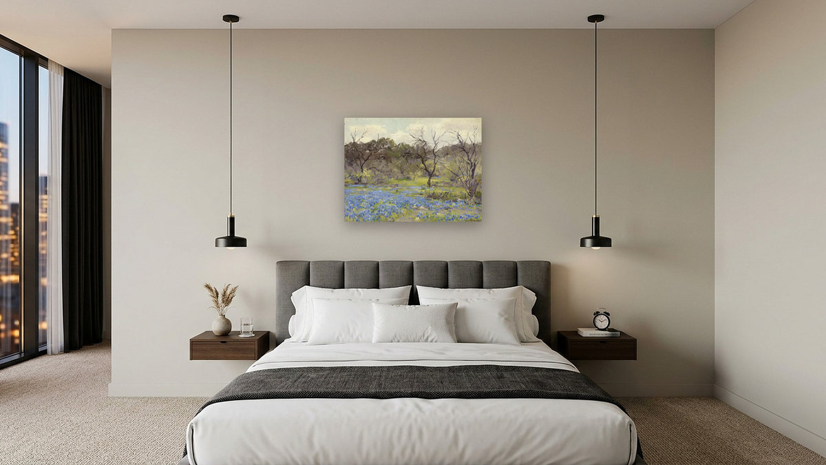 Early Spring-Bluebonnets and Mesquite by Julian Onderdonk, shown at 30 × 40 in (76.2 × 101.6 cm) as gallery-wrapped canvas, hotel guest room