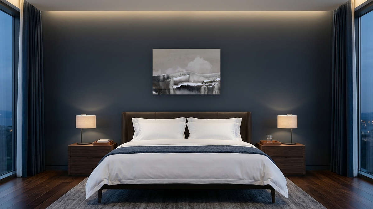 Coastal by Dan Hobday, shown at 28 × 42 in (71.1 × 106.7 cm) as gallery-wrapped canvas, hotel guest room