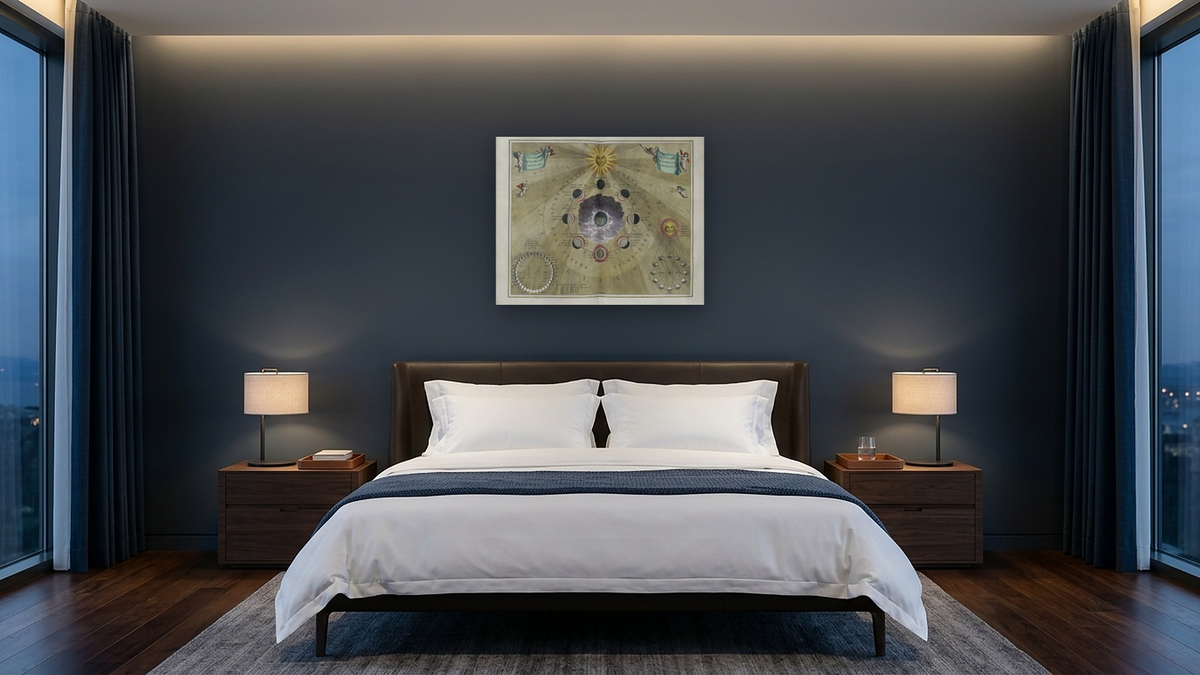Plate 19 from Harmonia Macrocosmica by Andreas Cellarius, shown at 32 × 40 in (81.3 × 101.6 cm) as gallery-wrapped canvas, hotel guest room