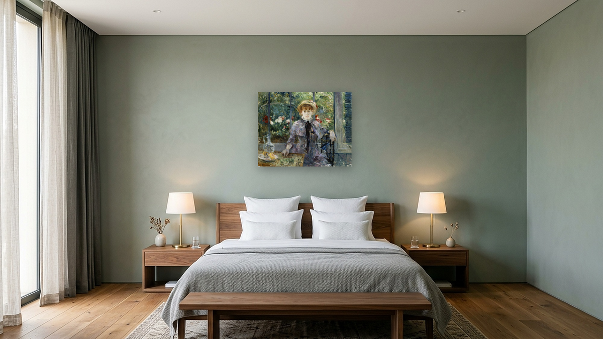 After Lunch by Berthe Morisot, shown at 32 × 40 in (81.3 × 101.6 cm) as gallery-wrapped canvas, hotel guest room