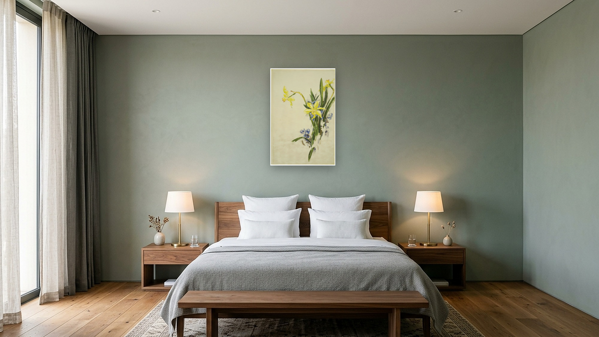 Jonquils by Charles Demuth, shown at 28 × 42 in (71.1 × 106.7 cm) as gallery-wrapped canvas, hotel guest room