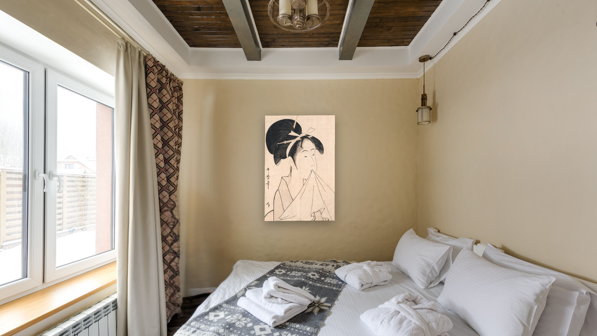 Bust of a Young Girl by Kitagawa Utamaro, shown at 28 × 42 in (71.1 × 106.7 cm) as gallery-wrapped canvas, hotel guest room
