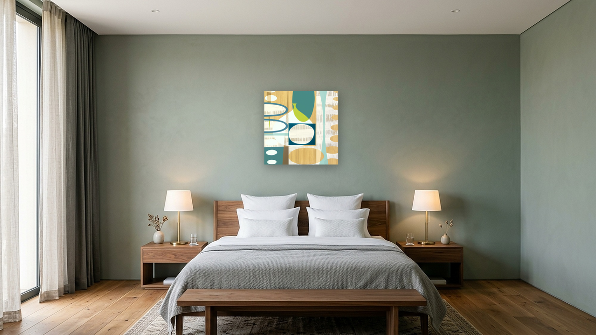 Ocean and Sand 3 by Mary Calkins, shown at 32 × 32 in (81.3 × 81.3 cm) as gallery-wrapped canvas, hotel guest room