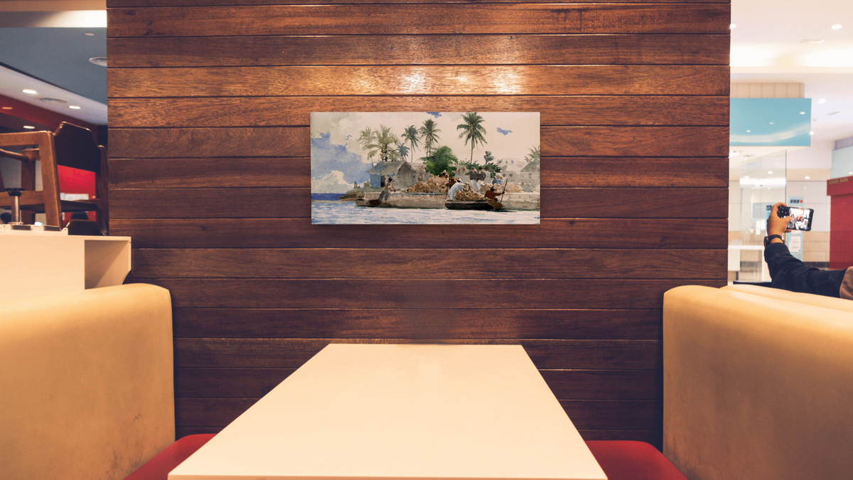 Sponge Fishermen, Bahamas by Winslow Homer, shown at 20 × 40 in (50.8 × 101.6 cm) as gallery-wrapped canvas, restaurant