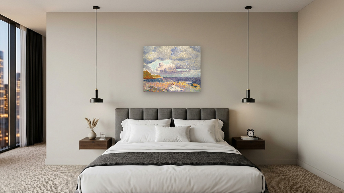 After the Storm (The Bather) by Henri Edmond Cross, shown at 32 × 40 in (81.3 × 101.6 cm) as gallery-wrapped canvas, hotel guest room