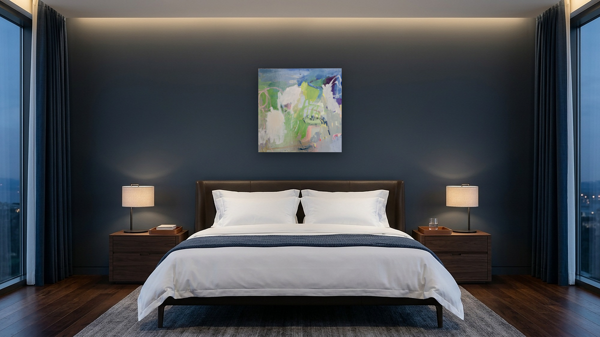 Chasing Whispers by Katherine Bello, shown at 32 × 32 in (81.3 × 81.3 cm) as gallery-wrapped canvas, hotel guest room