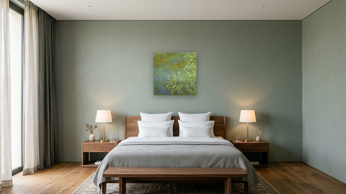 Iris by Claude Monet, shown at 32 × 32 in (81.3 × 81.3 cm) as gallery-wrapped canvas, hotel guest room