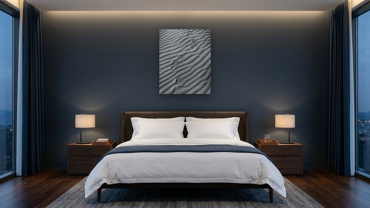 Boot Prints by Gordon Osmundson, shown at 32 × 40 in (81.3 × 101.6 cm) as gallery-wrapped canvas, hotel guest room