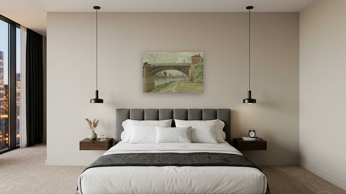 Le Pont dArgenteuil / The Highway Bridge viewed from the Port by Claude Monet, shown at 28 × 42 in (71.1 × 106.7 cm) as gallery-wrapped canvas, hotel guest room