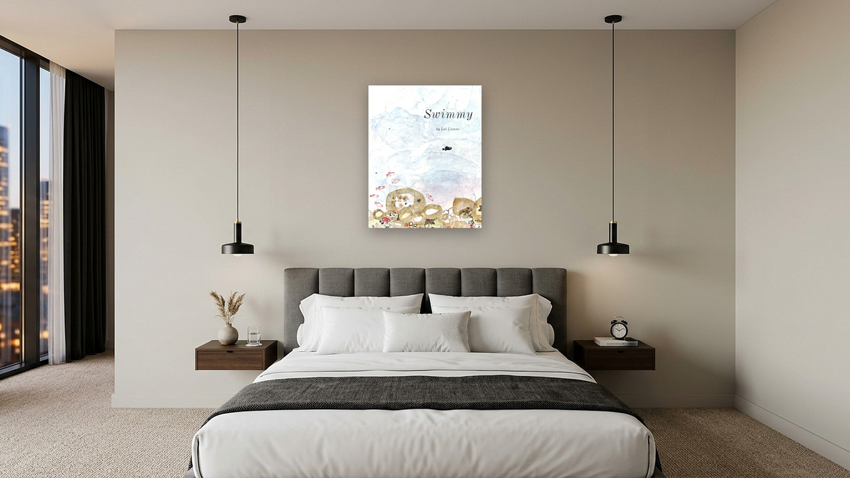 Swimmy by Leo Lionni, shown at 32 × 40 in (81.3 × 101.6 cm) as gallery-wrapped canvas, hotel guest room