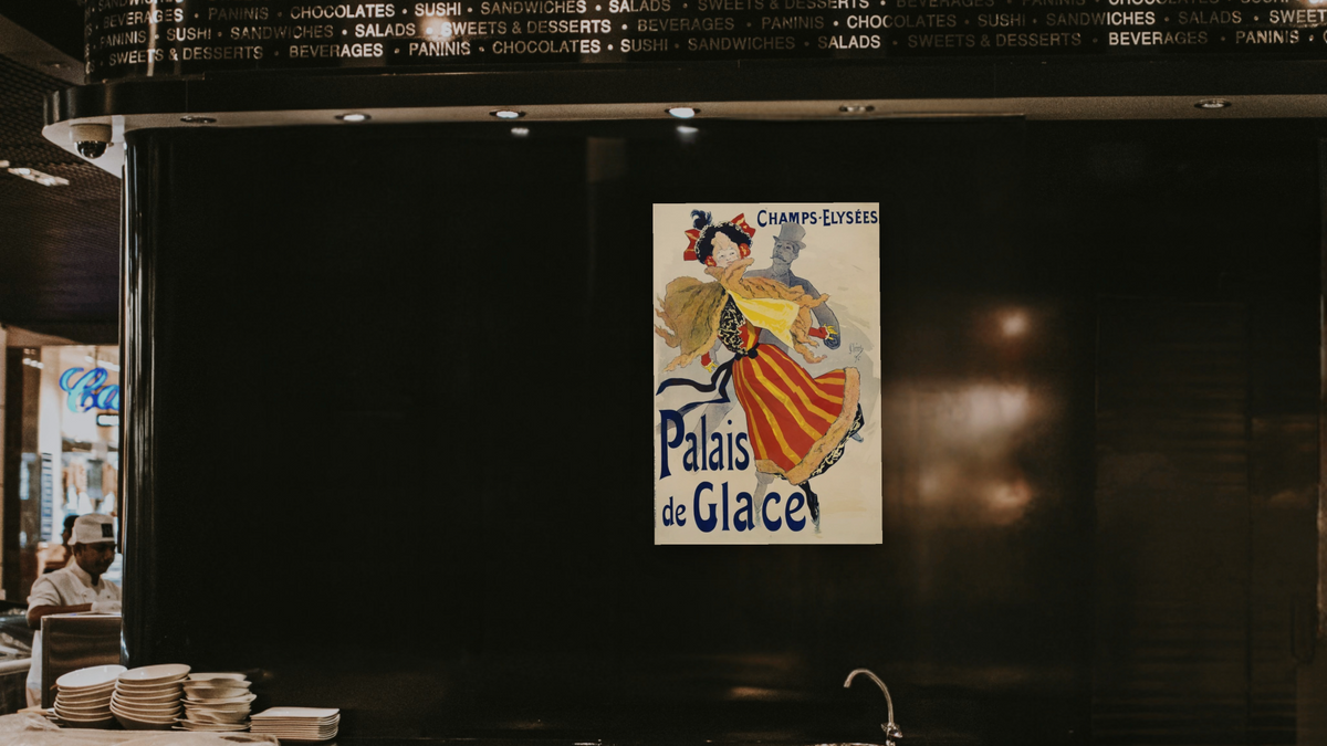 Palais de Glace Poster by Jules Chéret, shown at 28 × 42 in (71.1 × 106.7 cm) as gallery-wrapped canvas, restaurant