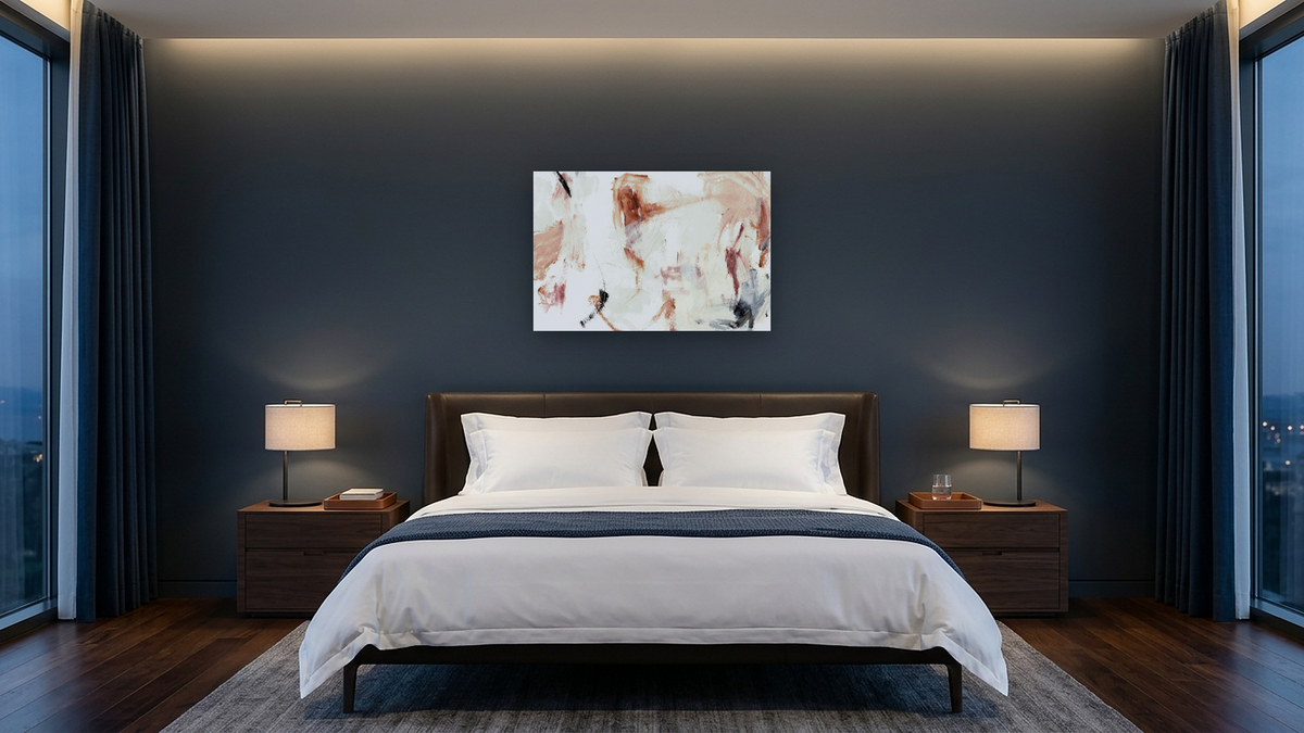 Reason by Dan Hobday, shown at 28 × 42 in (71.1 × 106.7 cm) as gallery-wrapped canvas, hotel guest room