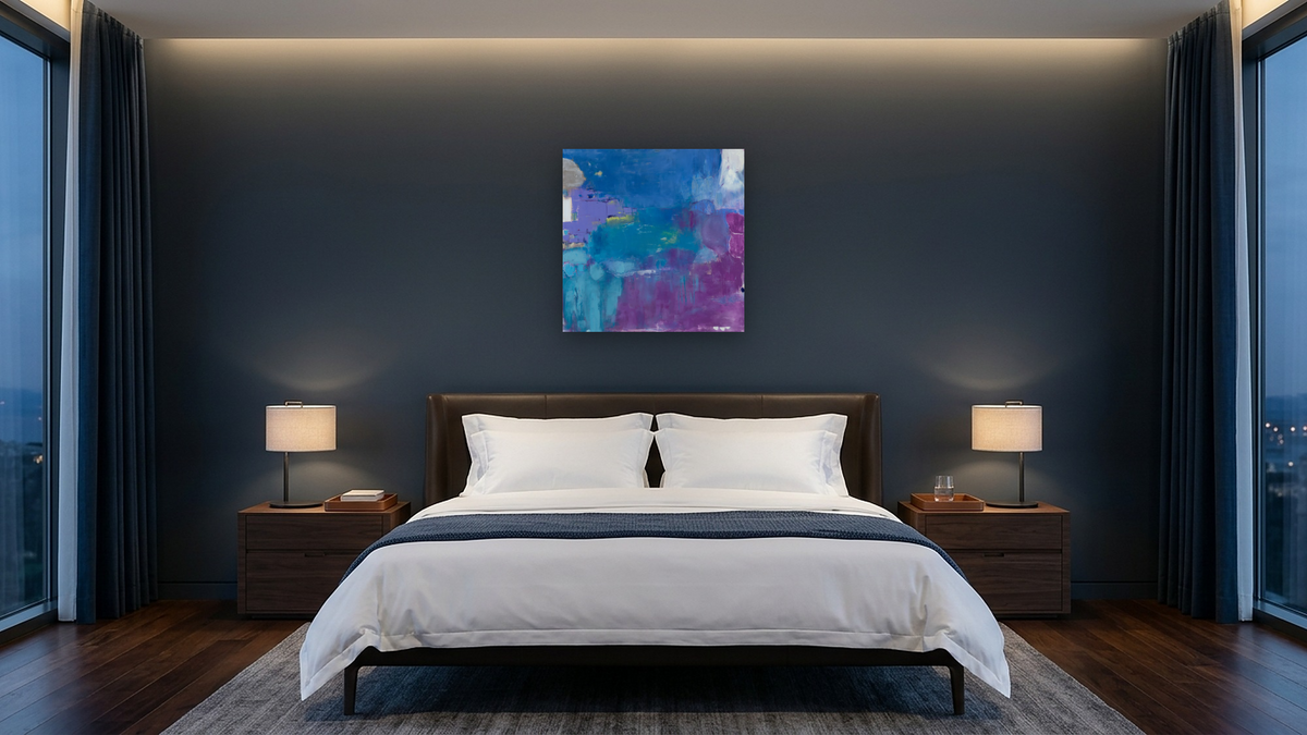 Purple River by Louise Gaskill, shown at 32 × 32 in (81.3 × 81.3 cm) as gallery-wrapped canvas, hotel guest room