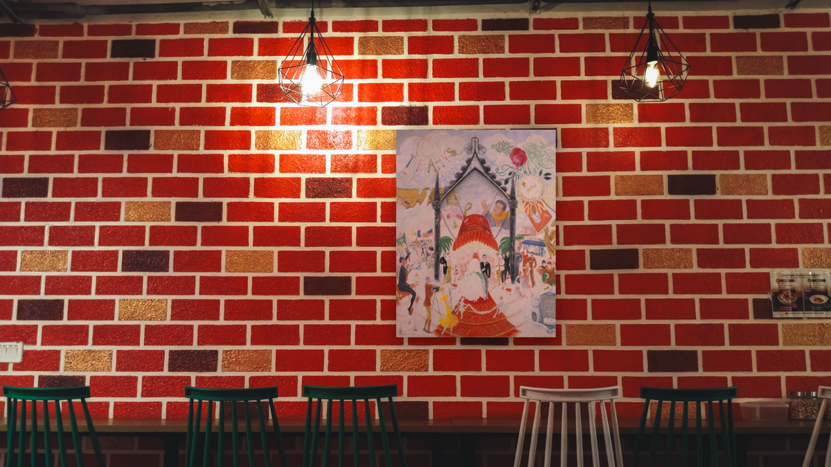 The Cathedrals of Fifth Avenue by Florine Stettheimer, shown at 32 × 40 in (81.3 × 101.6 cm) as gallery-wrapped canvas, restaurant
