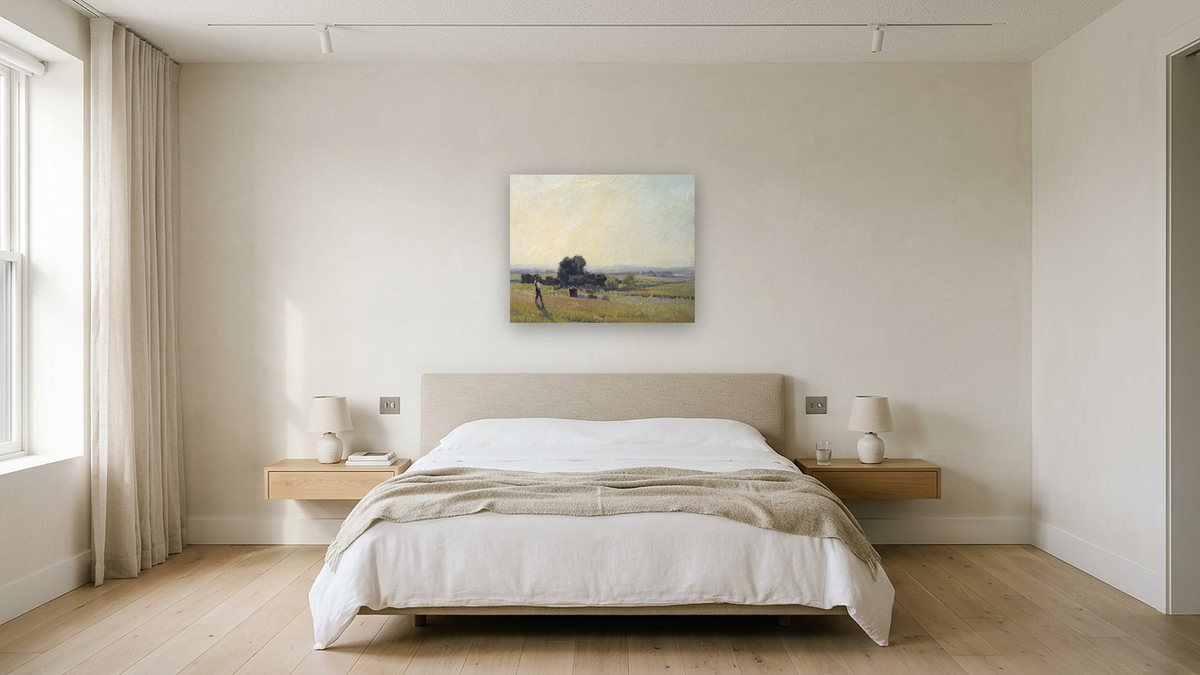 Morning light by Elioth Gruner, shown at 32 × 40 in (81.3 × 101.6 cm) as gallery-wrapped canvas, hotel guest room