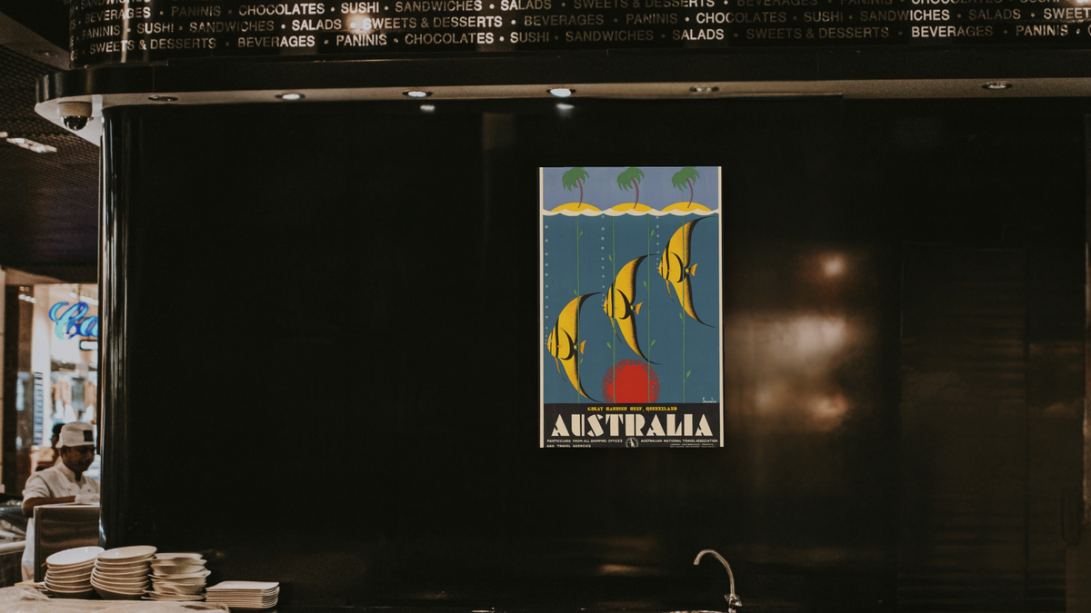 BPL Travel Posters, shown at 28 × 42 in (71.1 × 106.7 cm) as gallery-wrapped canvas, restaurant